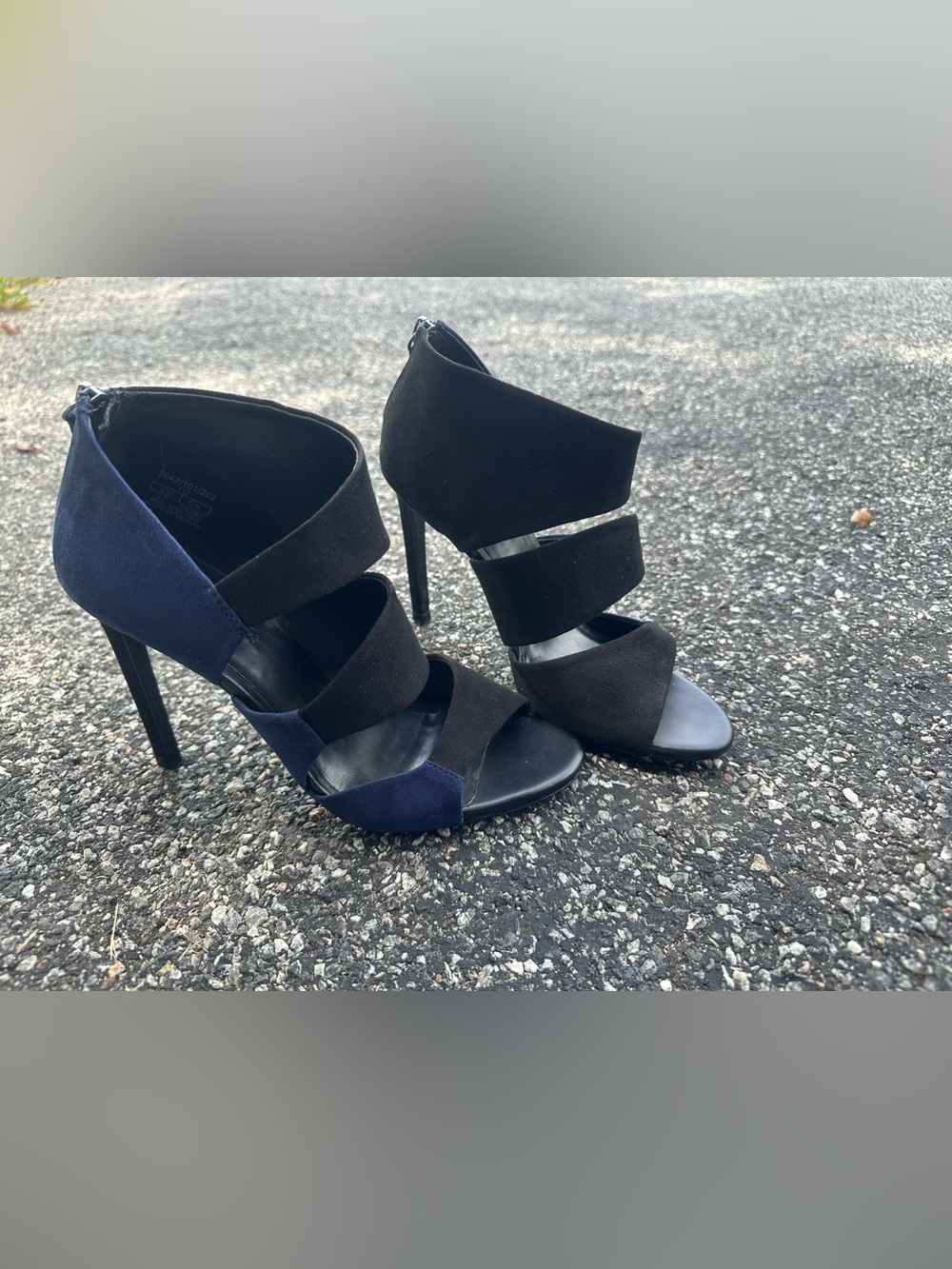Zara Black and Navy Strappy High Heel Sandals with Back Zip